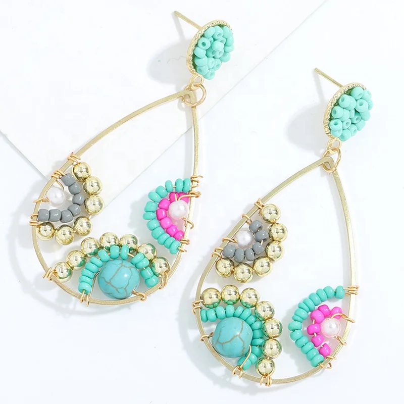 

Dvacaman 2021SS Trendy Bohemian 3 Colors Geometric Water Drop Gold Beaded Hoop Handmade Pearl Earrings Jewelry Women Spring