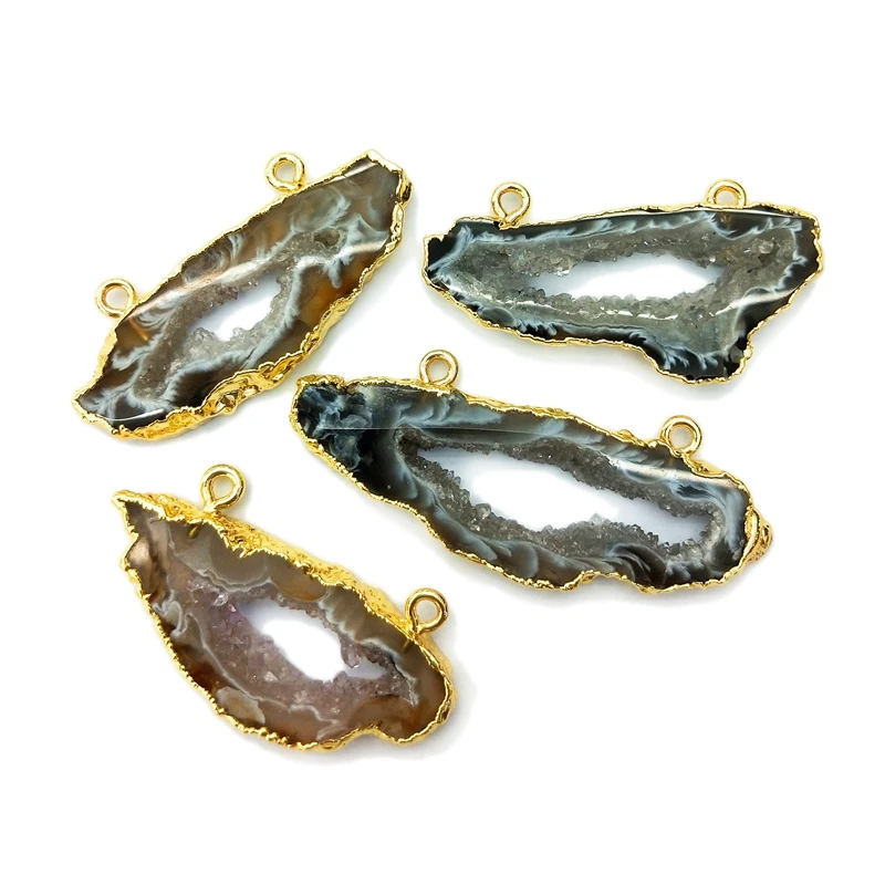 

Natural agate druzy geode slice connector 24k gold plated edge pendants drusy charm for necklace making for wholesale, Multi