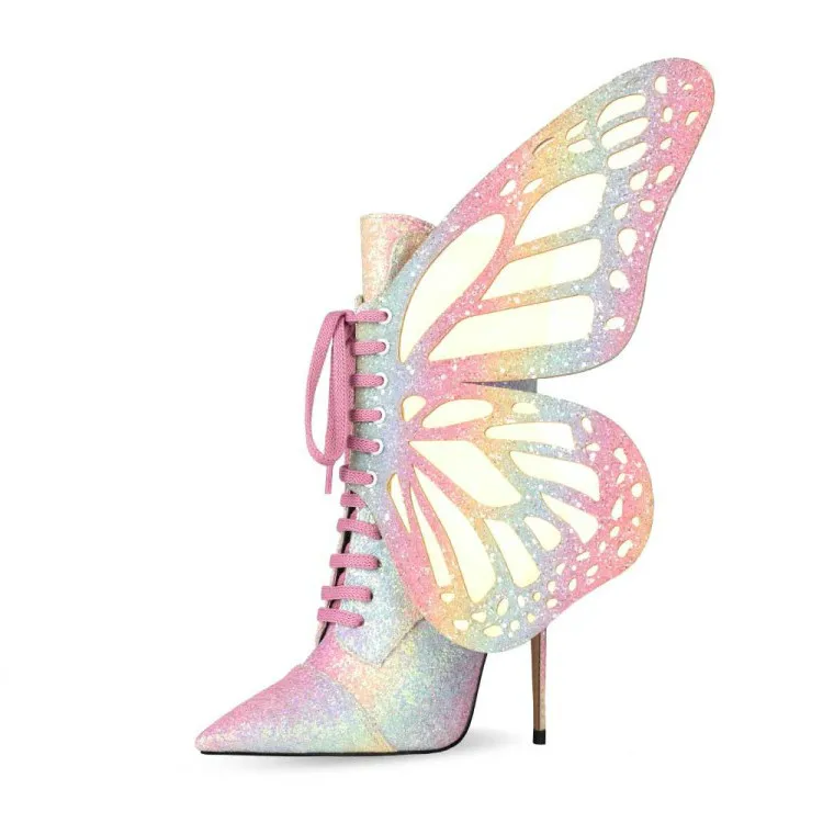 

Unique Fashion Glitter Rainbow Color Botas Para Mujer With Straps Butterfly Wing Winter Fall Women's Boots for Ladies, Pink, blue