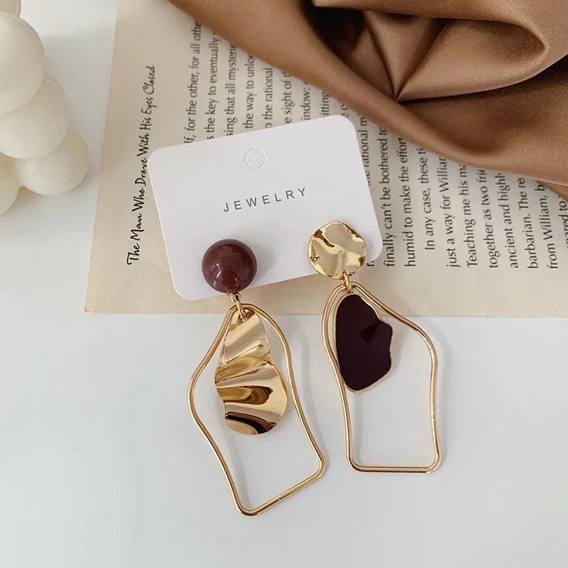 

JUHU 2021 925 silver irregular accessory drops of oil geometric drop earrings asymmetric vintage alloy stud earrings for female, Gold