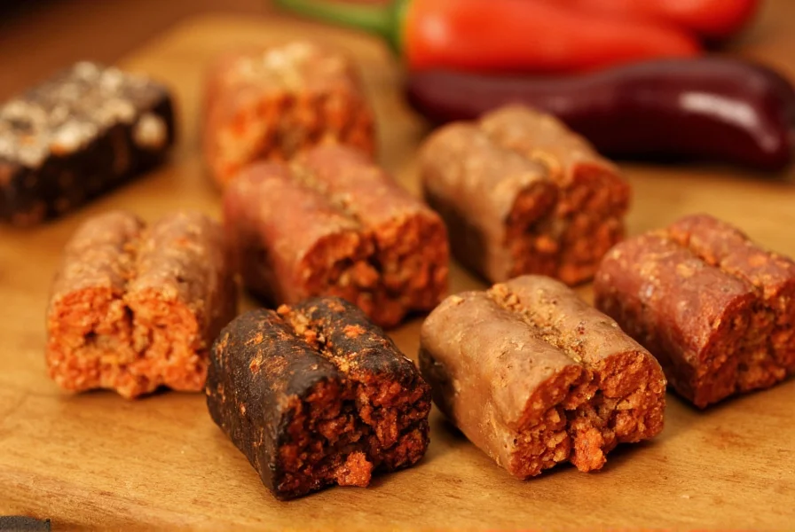 Close-up of various chili blocks showing different colors and textures on wooden cutting board