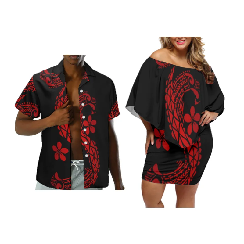 

Hot Sales Polynesian Samoan Tribal Design Custom Wedding Party Design Print Fashion Bodycon Casual Dresses Matching Men Shirt, Customized color