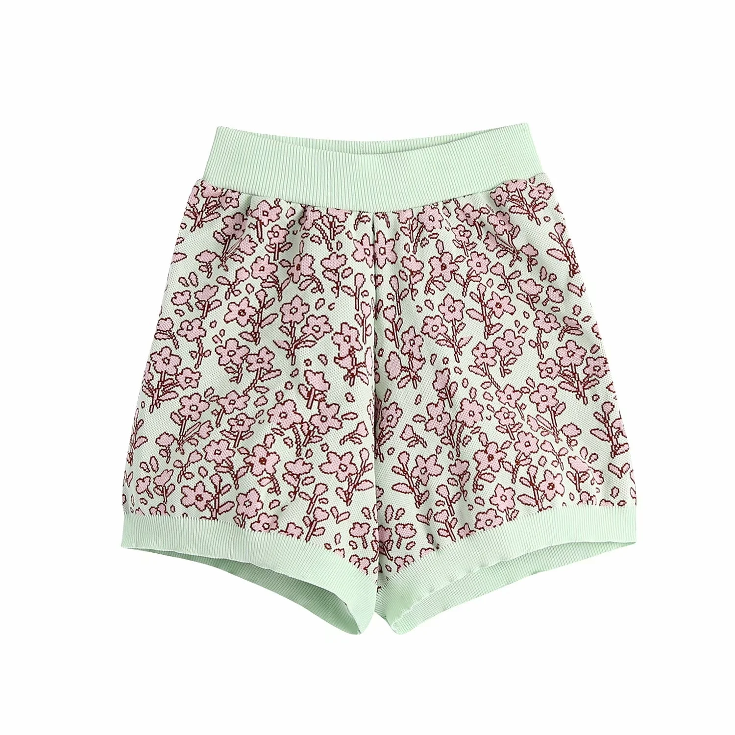 

Summer fashion sweet jacquard sweater high waist with pink floral print stretch knit shorts for ladies
