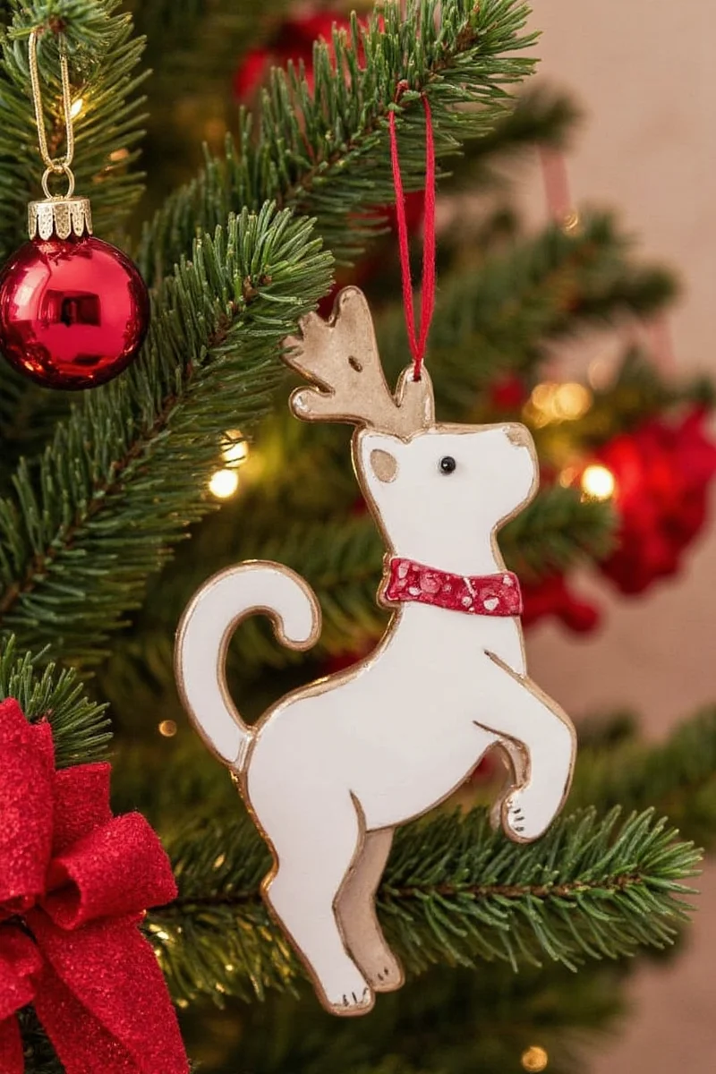 A happy family standing in front of a beautifully decorated Christmas tree adorned with animal-shaped ornaments representing each family member's pet.