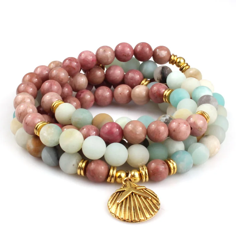 

Customizable Charm Mala Beads Necklace Amazonite&Rhodochroite Yoga Jewelry Multi Layer Wrapped Bracelet, Picture