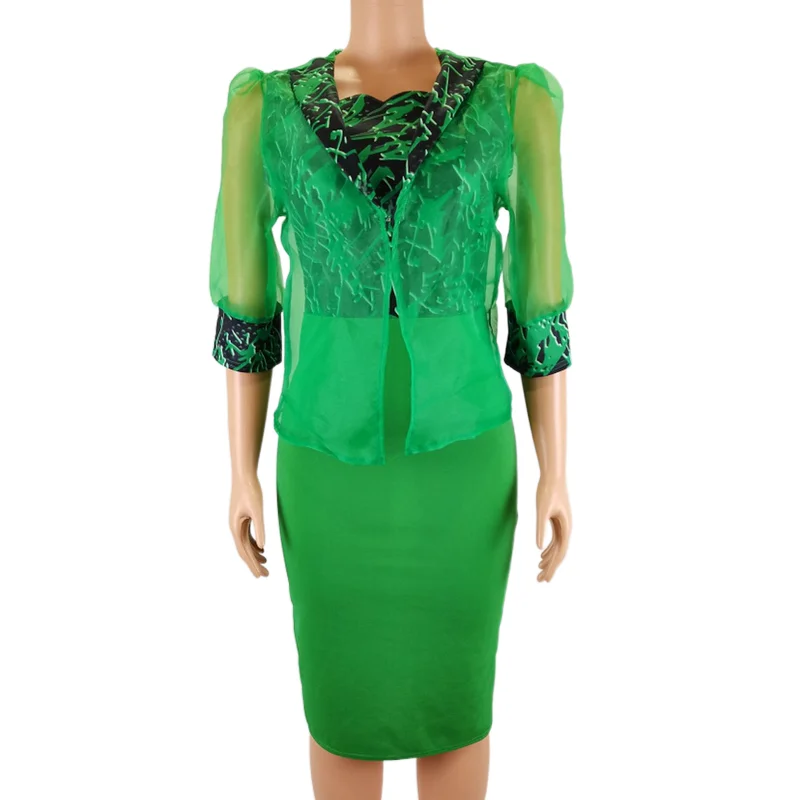 

new fashion Spring autumn African women clothes Green print plus size patchwork two piece coat and dress set, Customized color