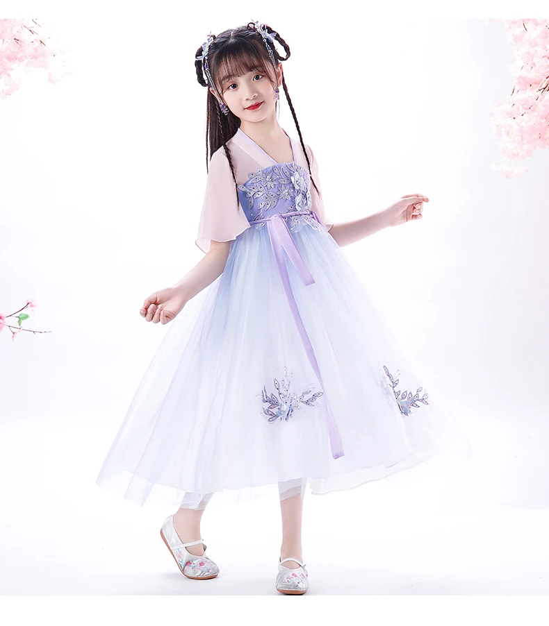 

Chinese style embroidered night dress for kids Hanfu short-sleeved girls birthday dress costume super fairy kids party dress