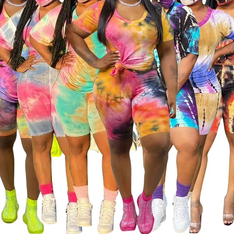 

Latest tie dye top and shorts women plus size two piece set, Mulit pink/mulit orange