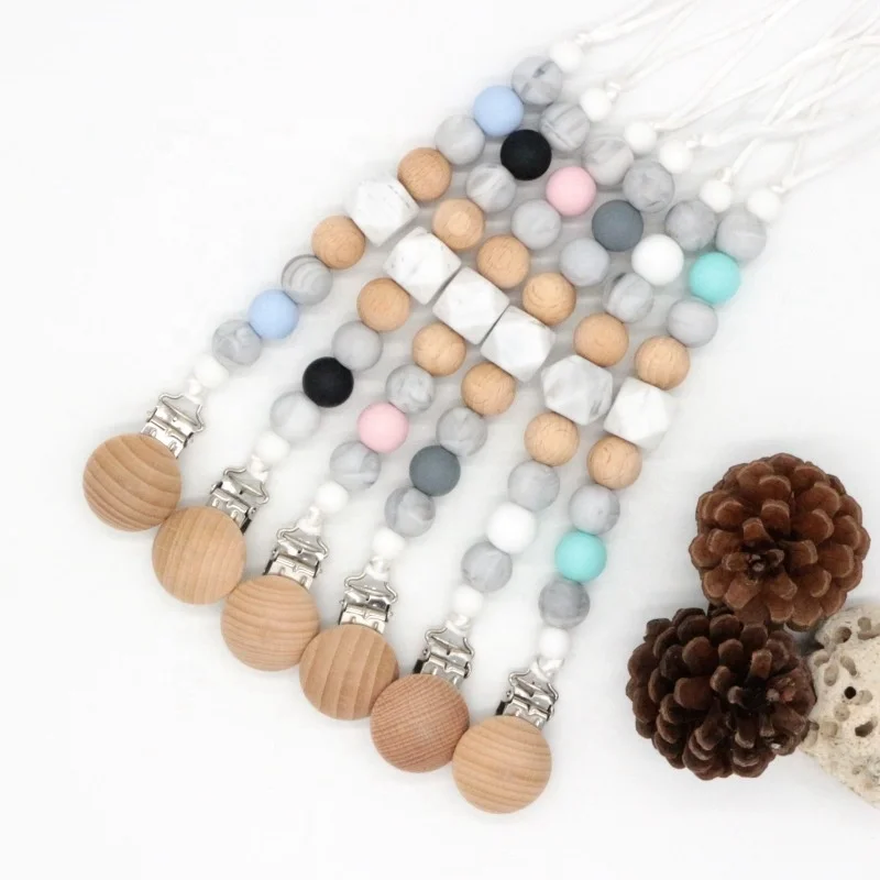 

1PCS Pacifier Clips Baby Silicone and Beech Wood Beads Pacifier Clip Infant Pacifier clip chains