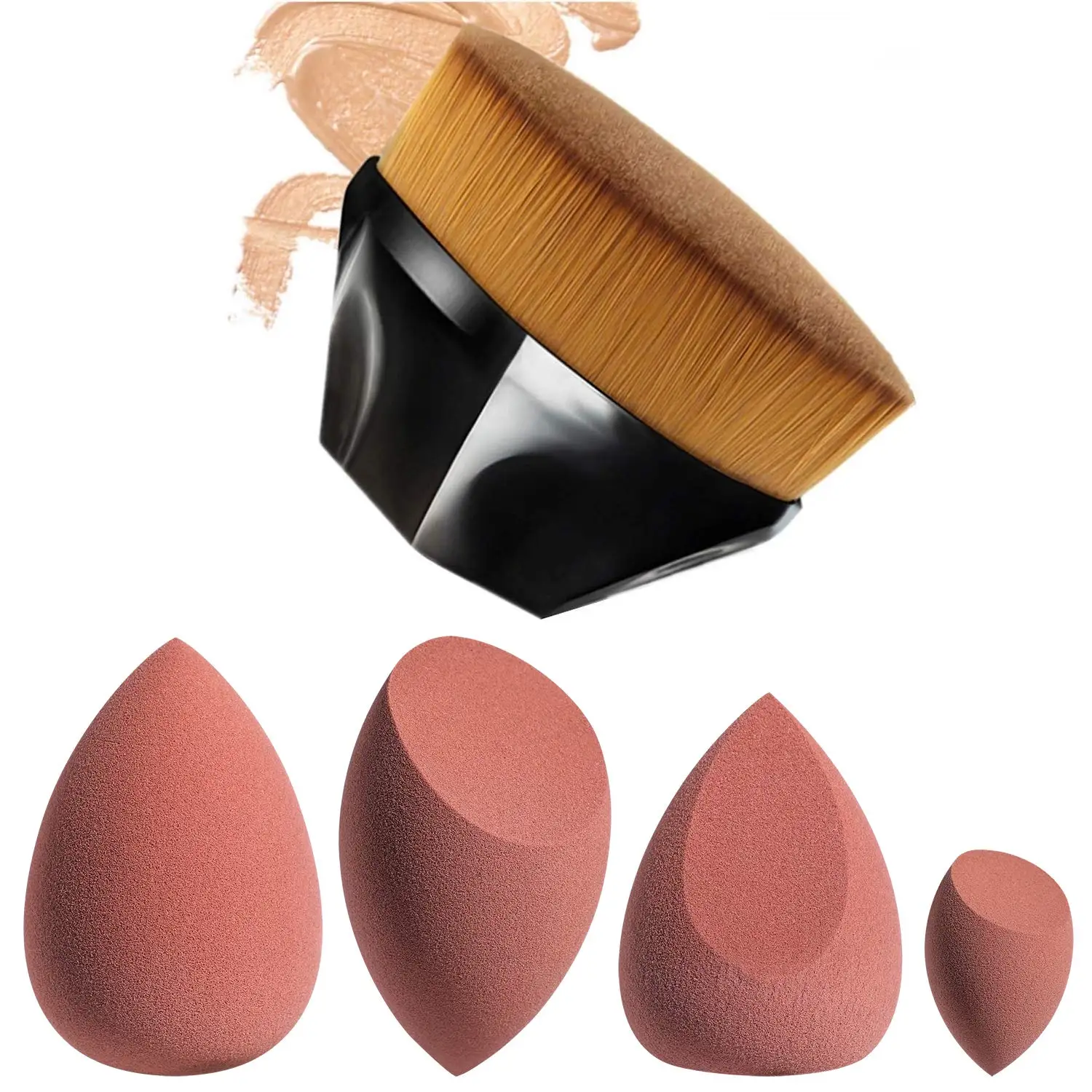 

2021 Amazon Hot Selling Makeup Brush Sponge Set for Foundation Beauty Make Up #55 Single Powder Brush and 3 Makeup Sponges