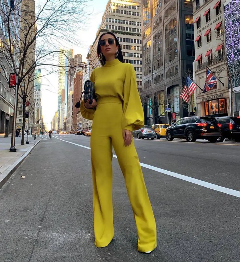 

Fall Jumpsuit Women Wide Leg Long Sleeve Jumpsuits 2020 Elegant Office Lady Work Casual High Neck Lantern Sleeve Overall Y12248