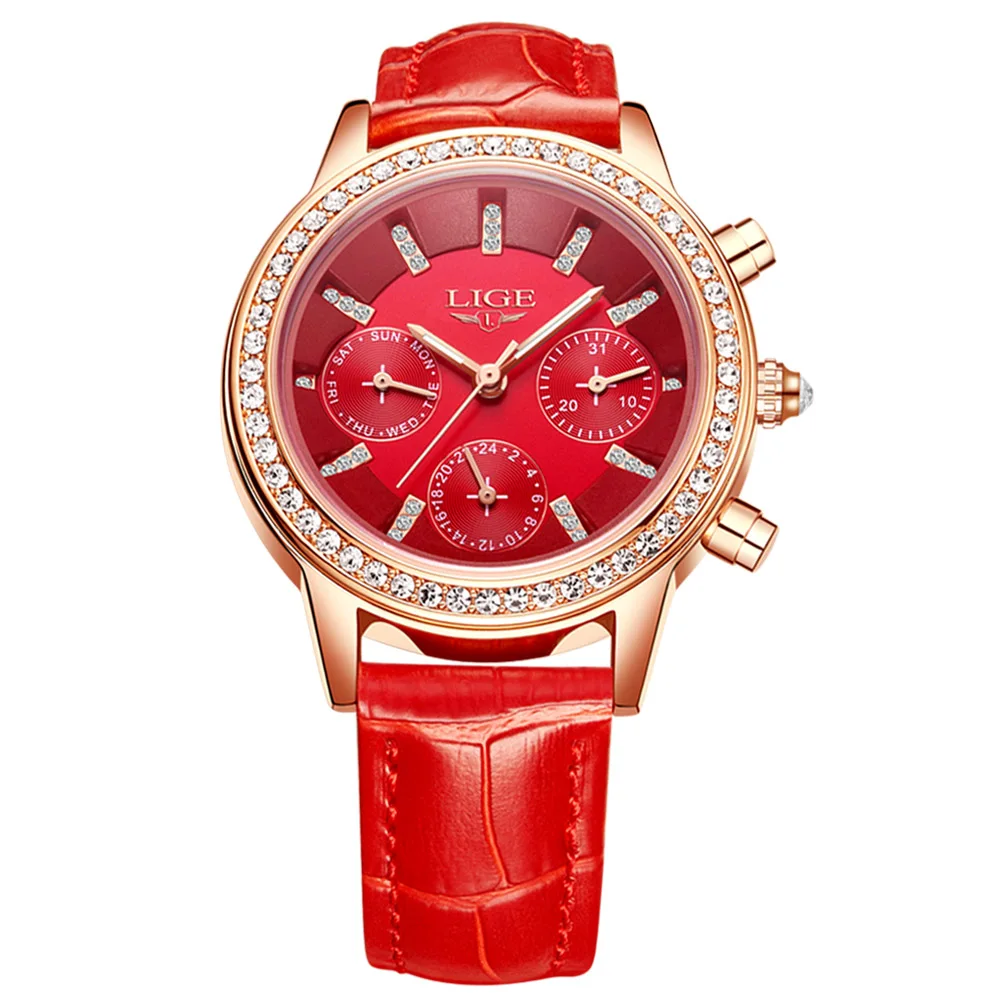 

LIGE Luxury Brand Women Ladies Waterproof Pu Leather Fashion Diamond Quartz Woman watches, As pictures