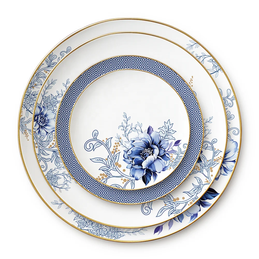 

New Product Crockery Bone China Dishes Ceramic Vajillas Flower Dinner Plate Set Blue Ceramic Plate Porcelain Dinnerware Set
