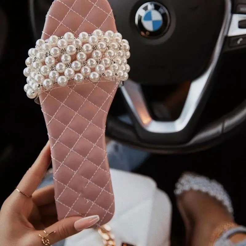 

Women High Heels Sandals White Lace Pearls Kids Shoes Girl Toe Pearl Princess Ankle Straps Silver Slide Decor Slides