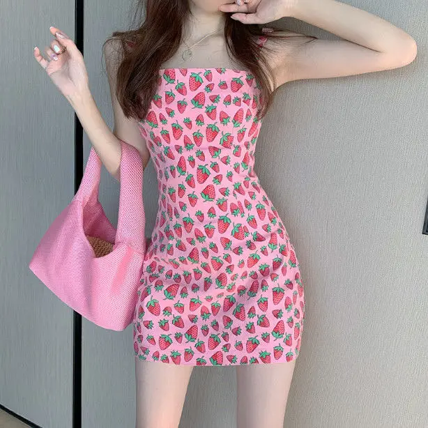 

Summer new sweet strawberry print bag hip sling dress female waist slimming platycodon style short skirt