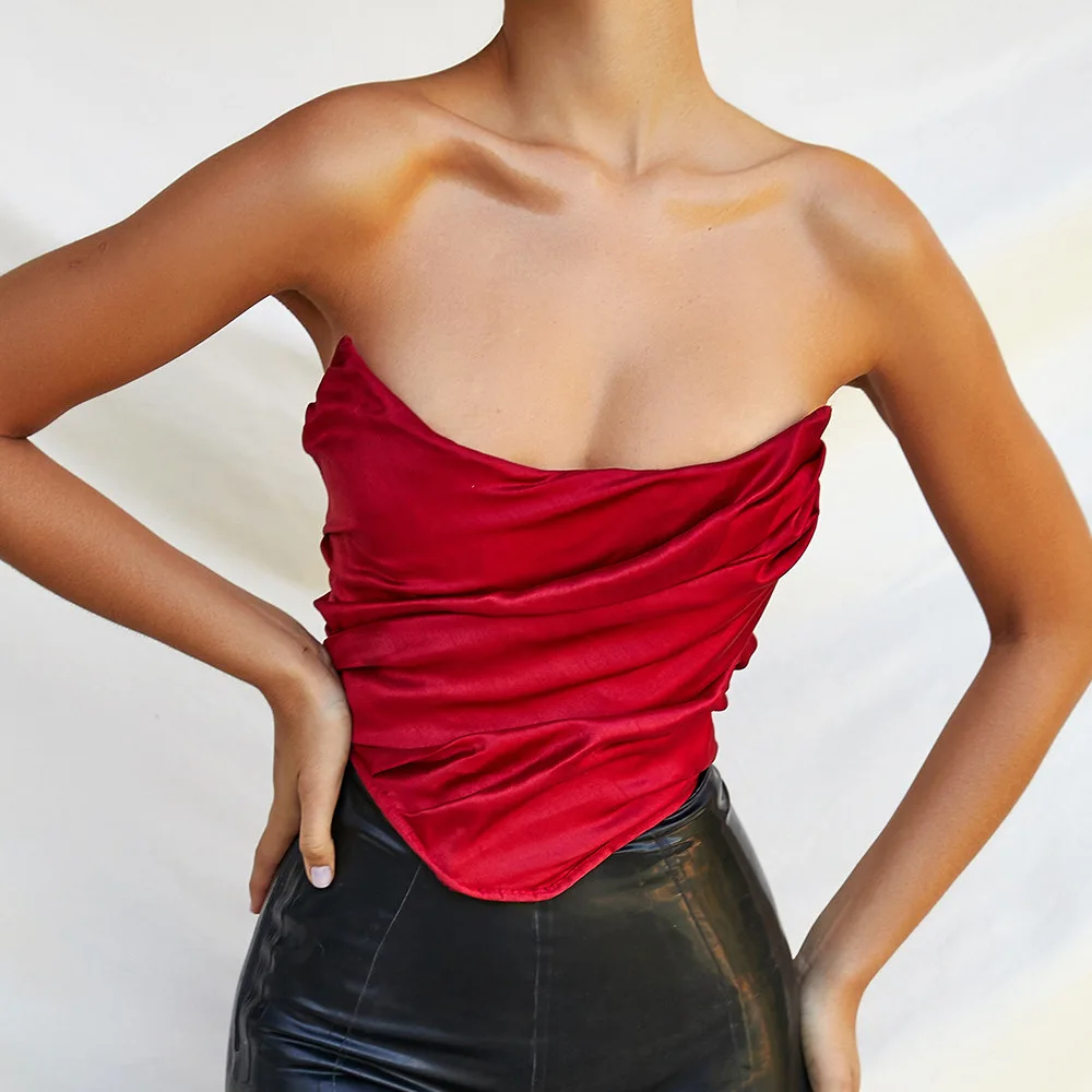 

New Hot Sale Red Tube Top Pleated Sexy Short Top Comfortable High Quality Female Top, Picture color