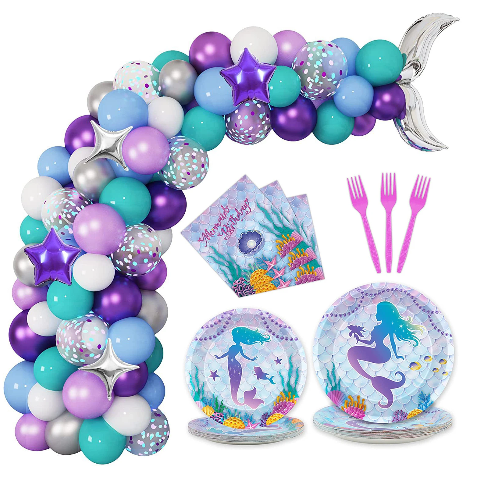 

Mermaid theme Birthday Party Supplies Purple Latex Balloons Arch Paper plate napkin Knife fork spoon decorative tableware set
