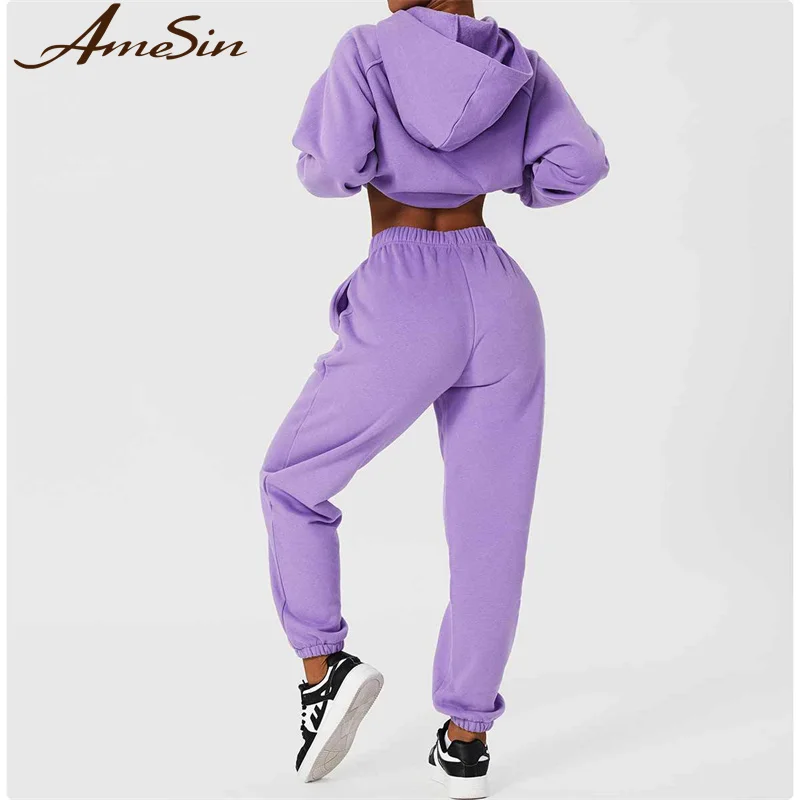 

fleece warm 2 piece workout sport set sweat pants and hoodie jogger sets wholesale