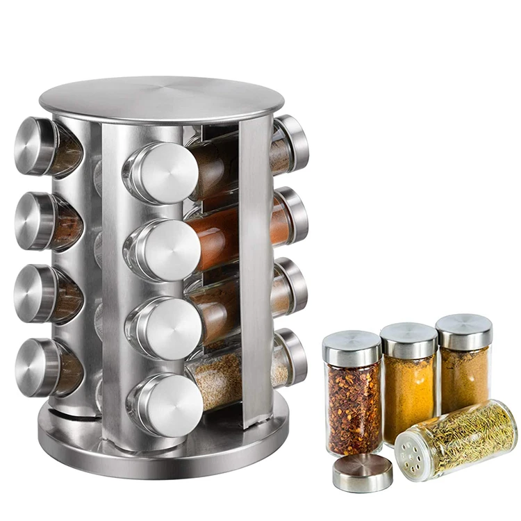

Countertop Cabinet Stainless Steel 20pcs Rotating Spice Rack with Jars Revolving Spice Rack Seasoning Organizer