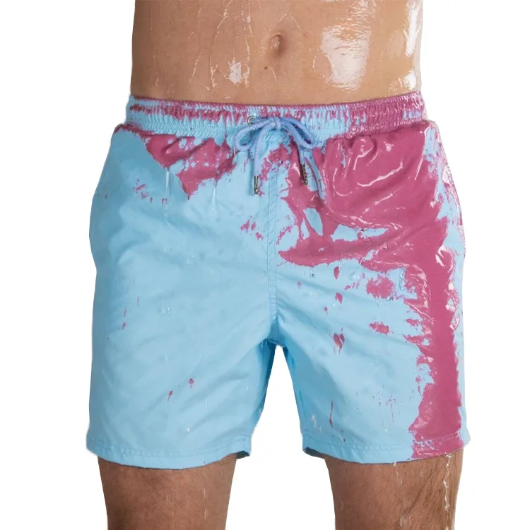 

custom logo men heat temperature reactive sport short pants custom athletic beach boxer color changing swim trunks board shorts, Black /white/pink