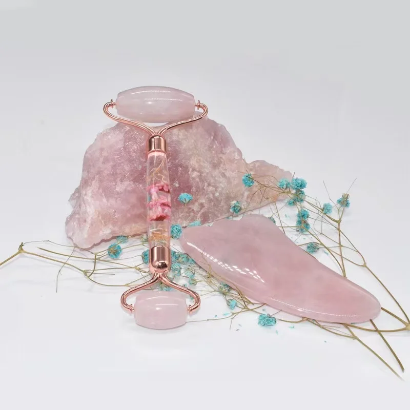 

New Design Flower Handle Custom Logo Natural Green Pink Rose Quartz Gua Sha Jade Roller Kit