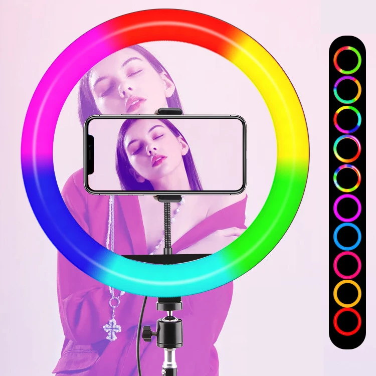 

New Arrival Remote Control 10 Inch Led RGB video Ring Light,16 colours RGB Phone Ring Light with Phone Tripod Stand, Black