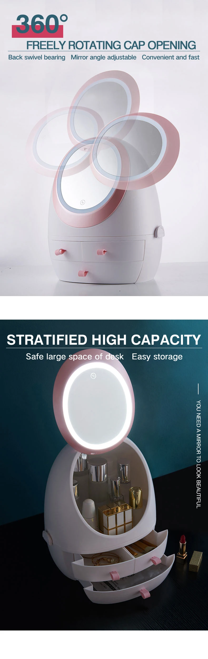 New Fashion Vanity Makeup Box With Led Light Mirror Drawer Type