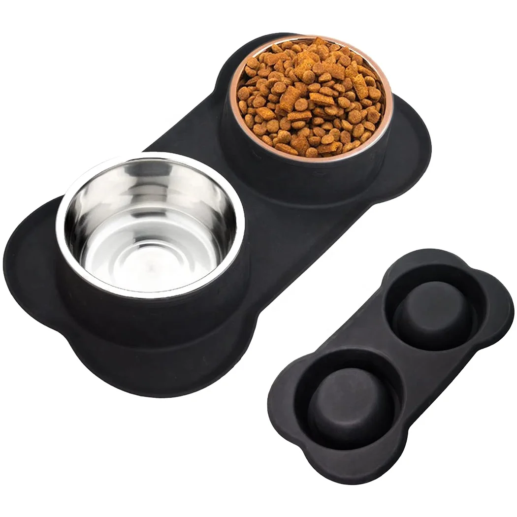 

Best Selling Pet Collapsible Double Stainless Steel Double Dog Bowl With Silicone Pad, Black/red/grey/blue dog bowl