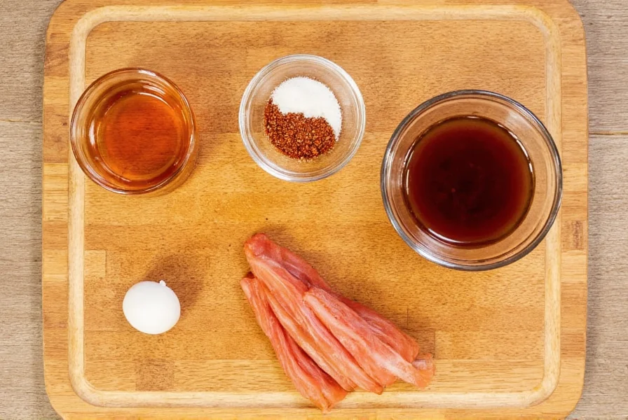 Homemade red pepper Worcestershire sauce ingredients including vinegar, molasses, red pepper flakes, and anchovies arranged on wooden cutting board