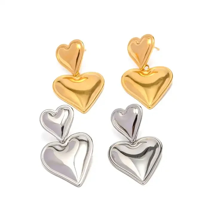 

New Gold Plated Jewelry Big Peach Trendy Double Heart Earring 18K Stainless Steel Gold Silver Plated Smooth Love Drop Earring