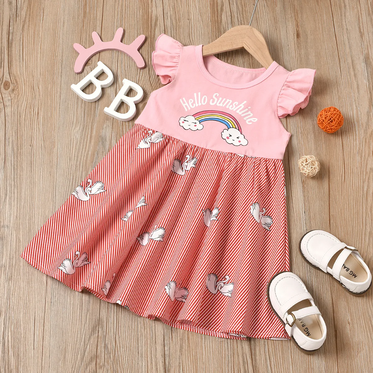 

New Arrival Child Girl Summer Dress Accept Custom Sleeveless with Ruffle Casual Cotton Printed Knitted Support 500 Pcs Regular