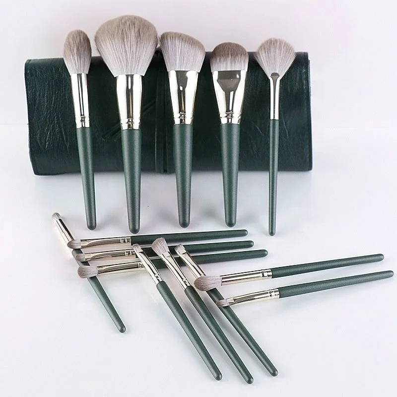 

Design 14 Pcs Green Makeup Brush Set Soft Hair Wooden Handle, Pics