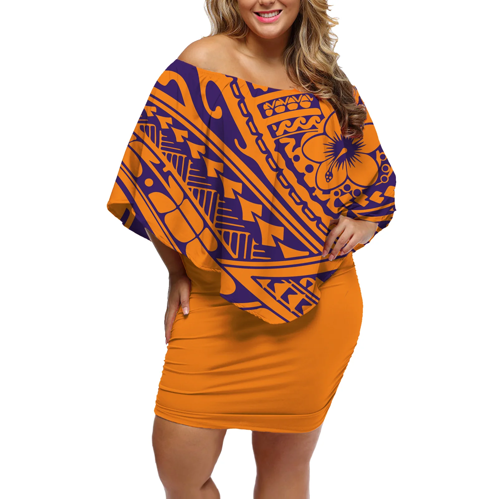 

Polynesian Tribal Design Sleeveless Gown High Quality Ethnic Style Big Size Party Dress Orange Elegant Opening Ceremony Clothing