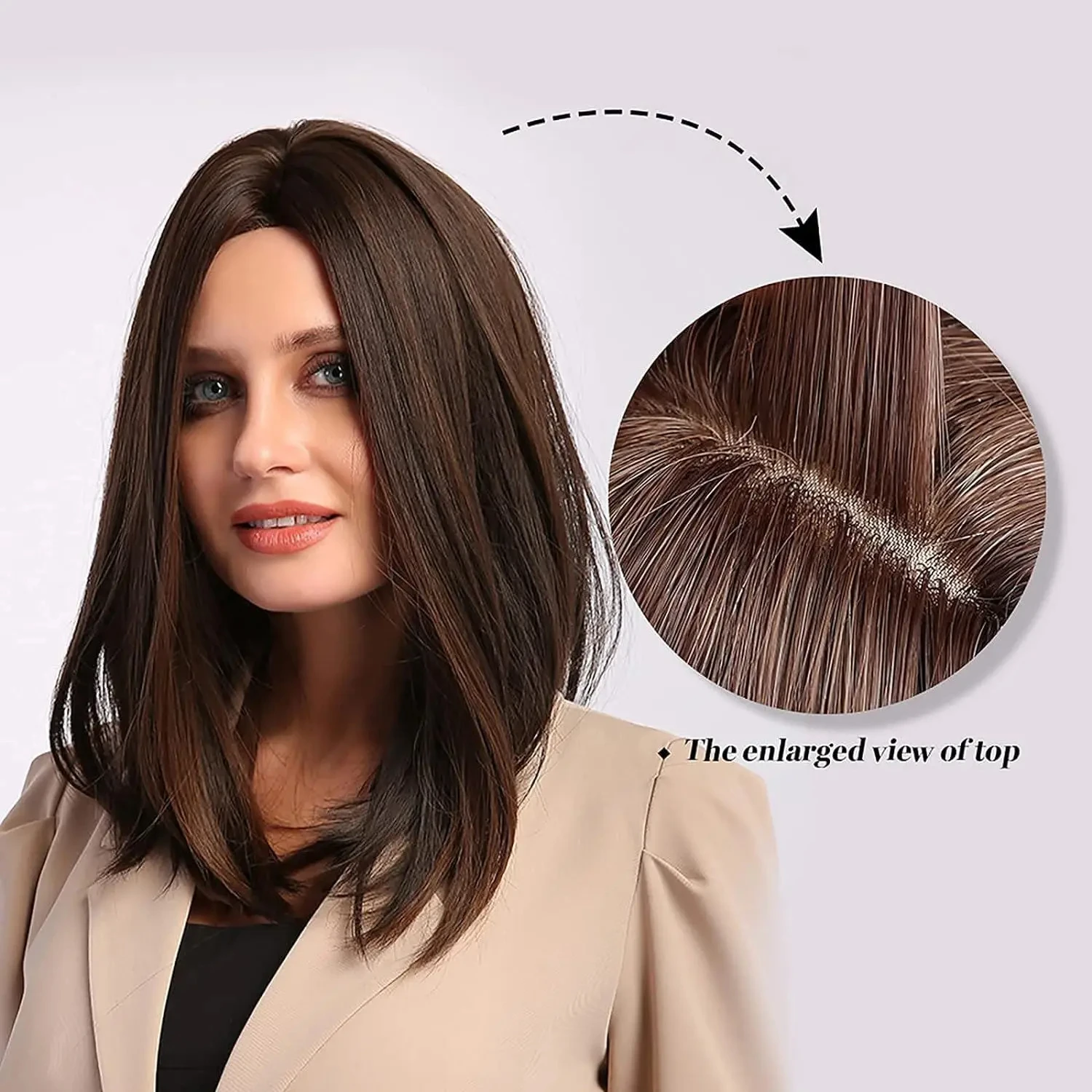 Ftl007 Brown Medium Length Synthetic Wig Natural Hairline Hair Middle Part Ombre Wig Female Daily Heat Resistant Lace Wig