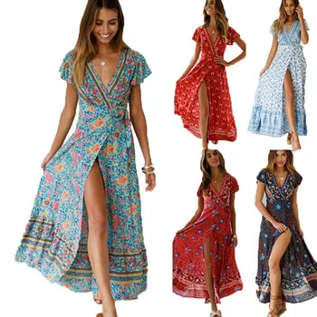 

Hot Sale Summer Women Sky Blue V Neck Beach Resort Floral Printed Dress, Shown