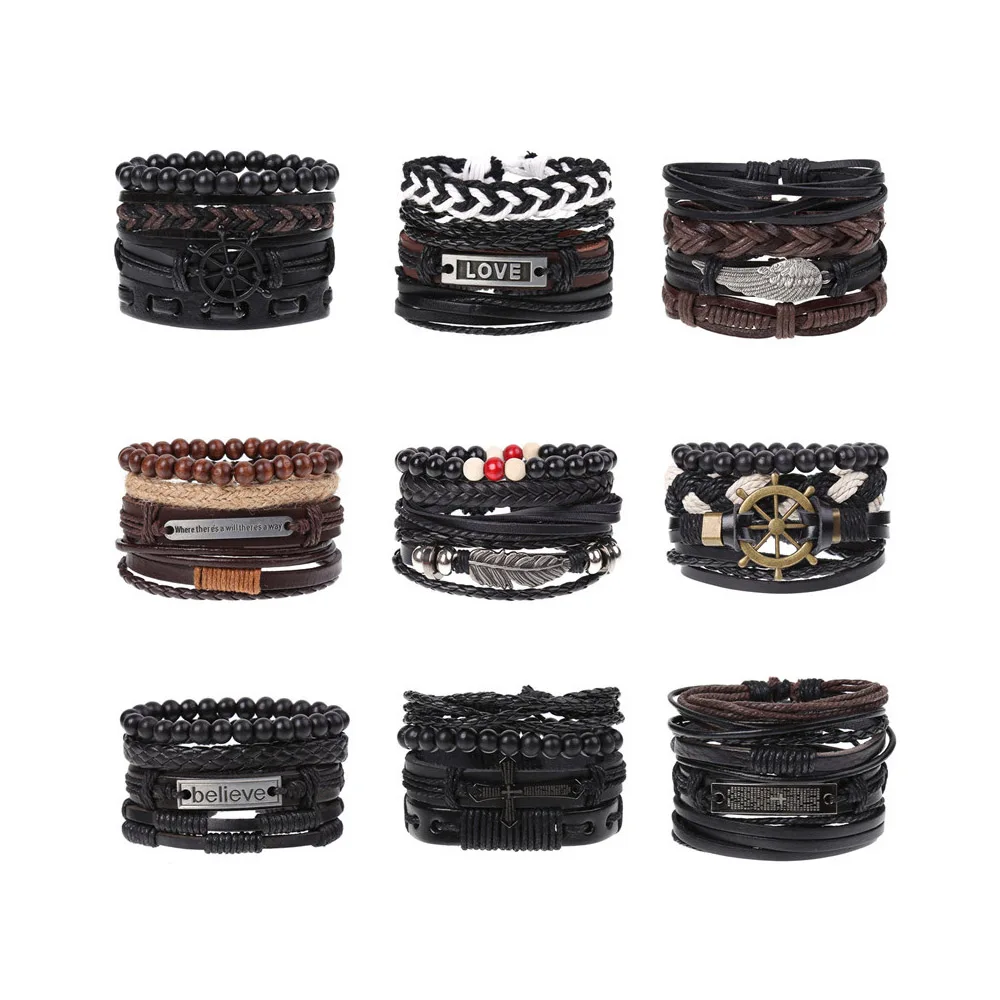 

31 Designs 4pcs set DIY Adjustable Multilayer Genuine Leather Bracelet Men Braided Leather Bracelets Set, As picture
