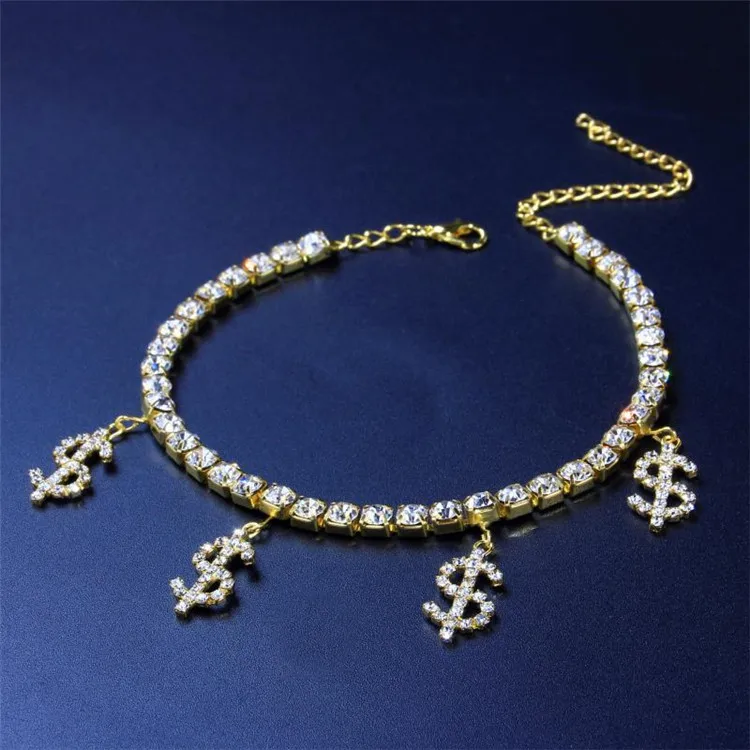 

Gold Plated Crystal Rhinestone US Money Sign Anklet Tennis Chain Dollar Sign Anklet, Picture