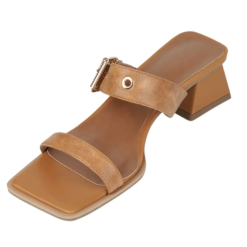 

2021 summer shoes retro style middle heel thick heel belt buckle genuine leather slippers sandals for women and ladies