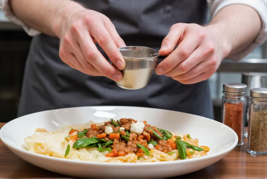 Chef tasting and adjusting seasoning in a professional kitchen with various salt and pepper containers