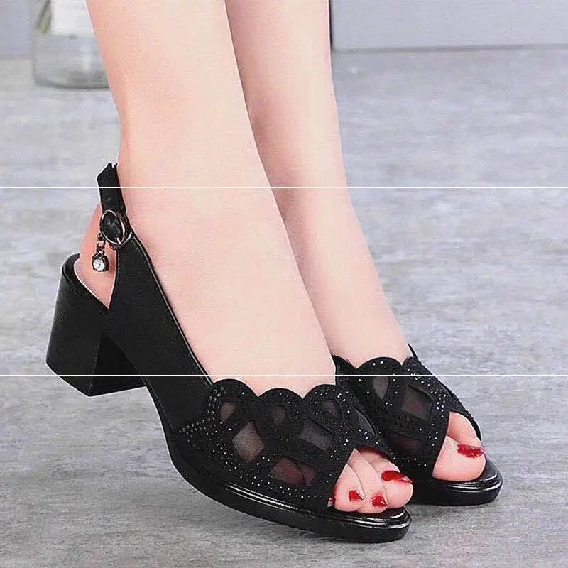 

2021 Summer High Heel Sandals Fish Mouth Lace Women's Sandals Low Heel, Existing style or customized