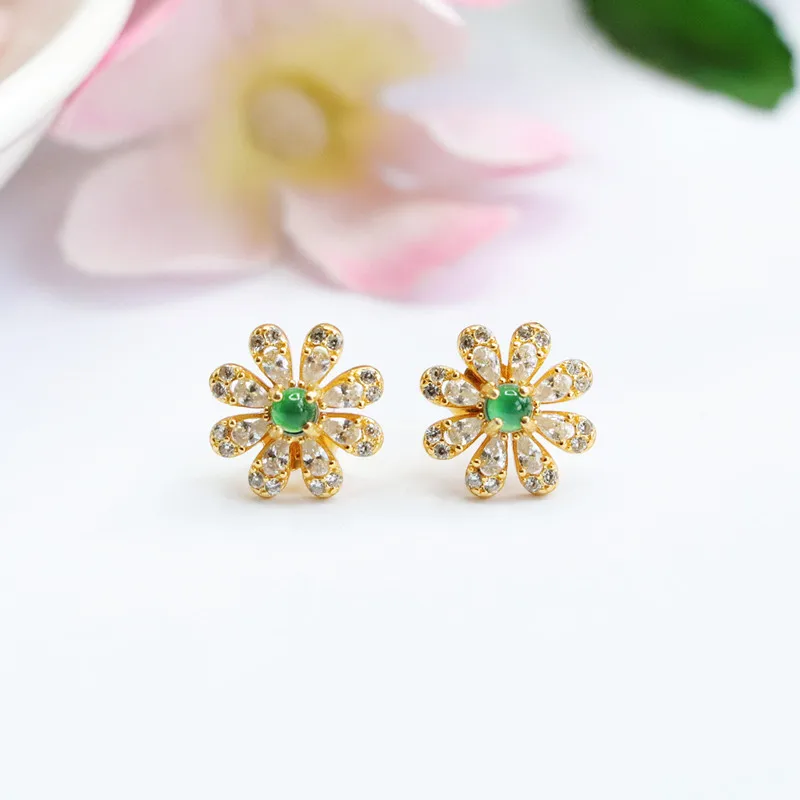 

S925 Silver Inlay Natural Emerald Stud Earrings A Goods Emperor Green Ear Hook Factory Wholesale Delivery FC2072702