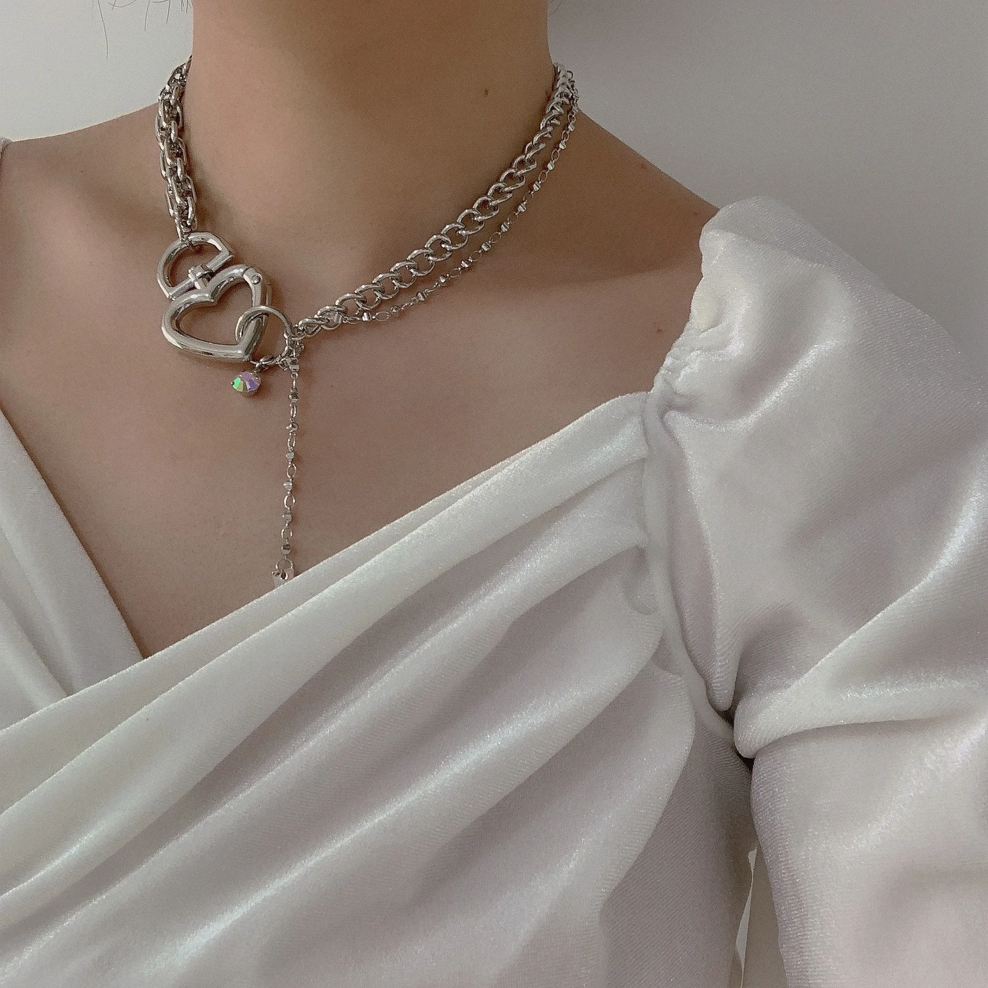 

JUHU Metal thick chain necklace clavicle chain choker love lock necklace short for women, Sliver