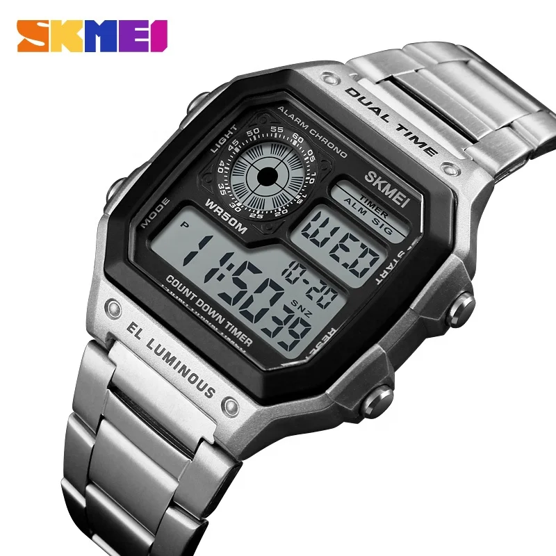 

skmei 1335 high end digital 5atm waterproof stainless steel men's watch, 4 colors