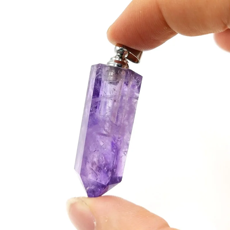 

Natural Amethyst prism Point Perfume Bottle Pendant Gemstone Diffuser Necklace Clear Purple Crystal quartz Bullet Pendants, Multi