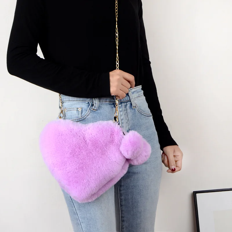 Fashion Lady Faux Fur Handbags Cute Heart Shaped Girl Purse Two Chain Hand Bags Messenger Fur