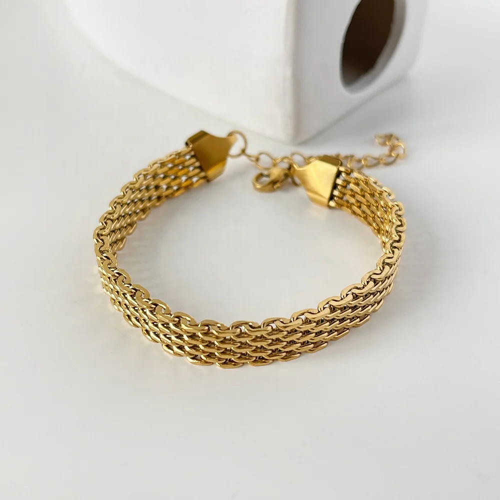 

B0094 18k gold plated stainless steel bangle bracelet women vintage watch strap weave chain bracelets hip hop street jewelry