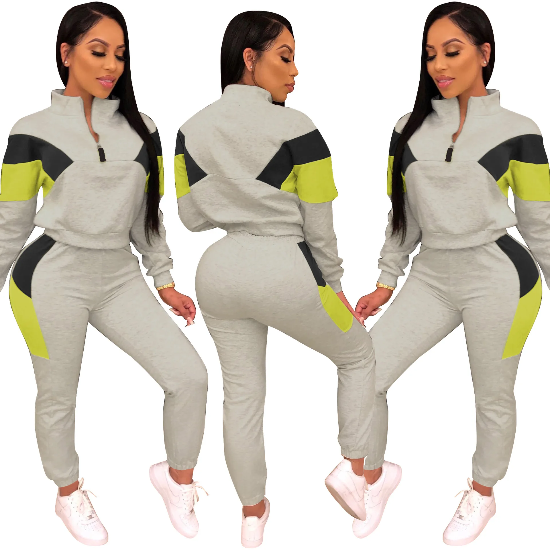 

Women Workout Stand Collar Zipper Clothing Long Sleeve Two Piece Pants Sets Fall Solid Patchwork Women Sets Two Piece Pants Set