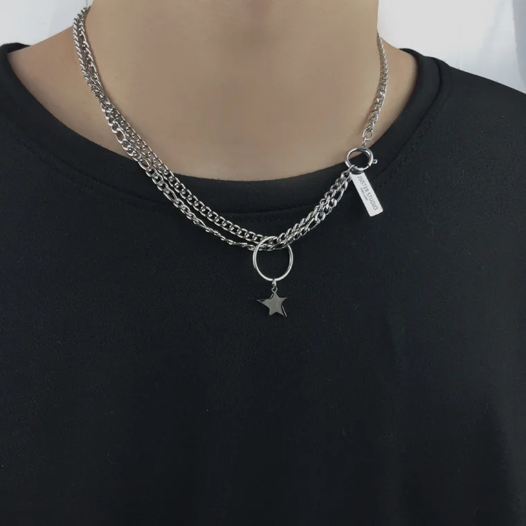 

Hip Pop Punk Chain Choker Star Pendant Necklace Short Multilayer Chunky Choker for men girl, Silver color