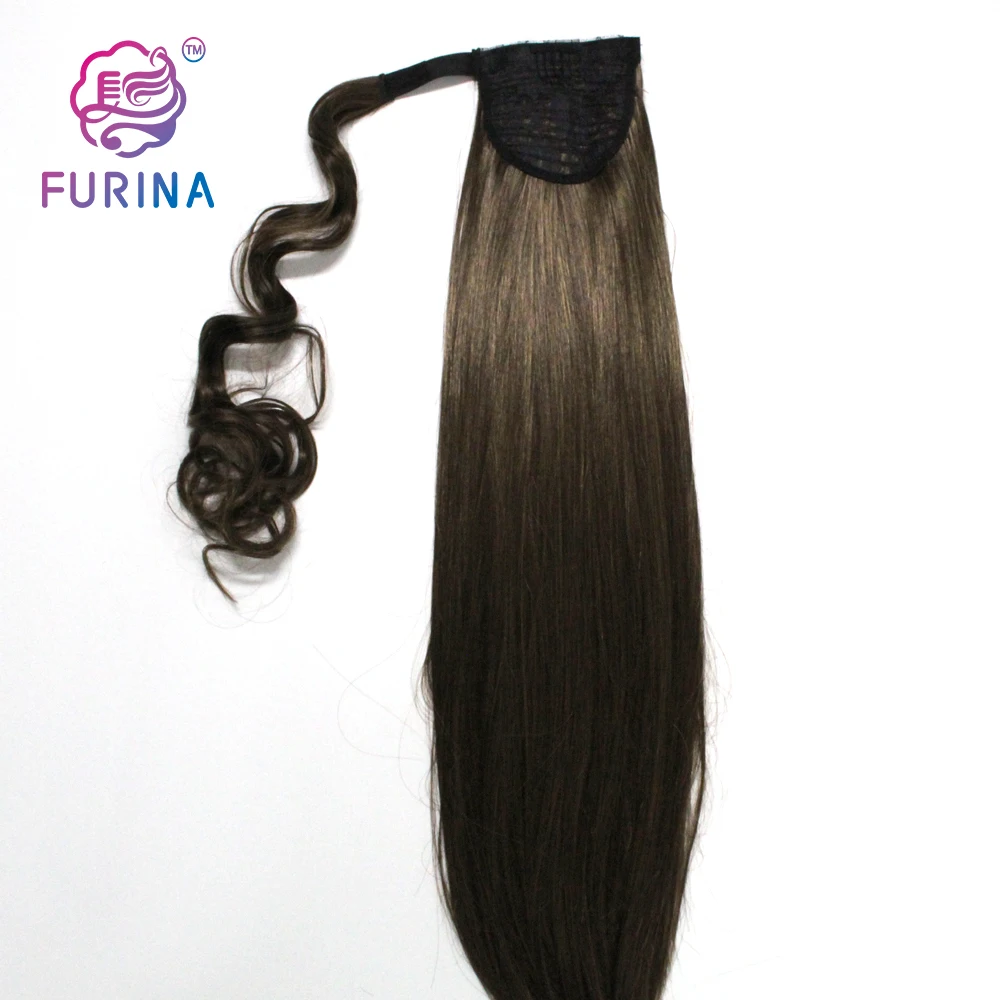 

20 Inch 10pcs/Pack Natural Long Straight Wrap On Clip In Ponytails Extensions Ombre Synthetic Hair Ponytail, Pure colors are available