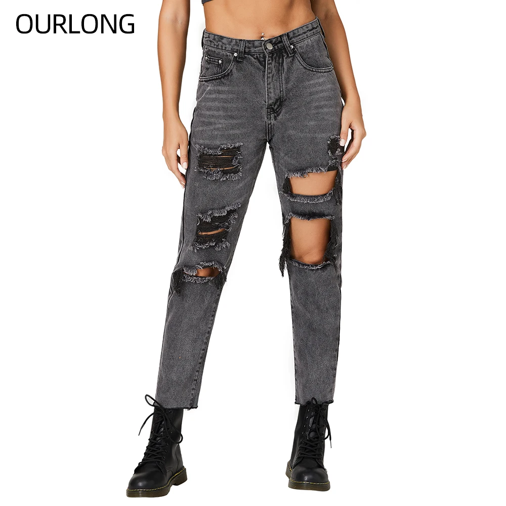 

OURLONG custom women's black denim straight ripped broken hole jeans trousers